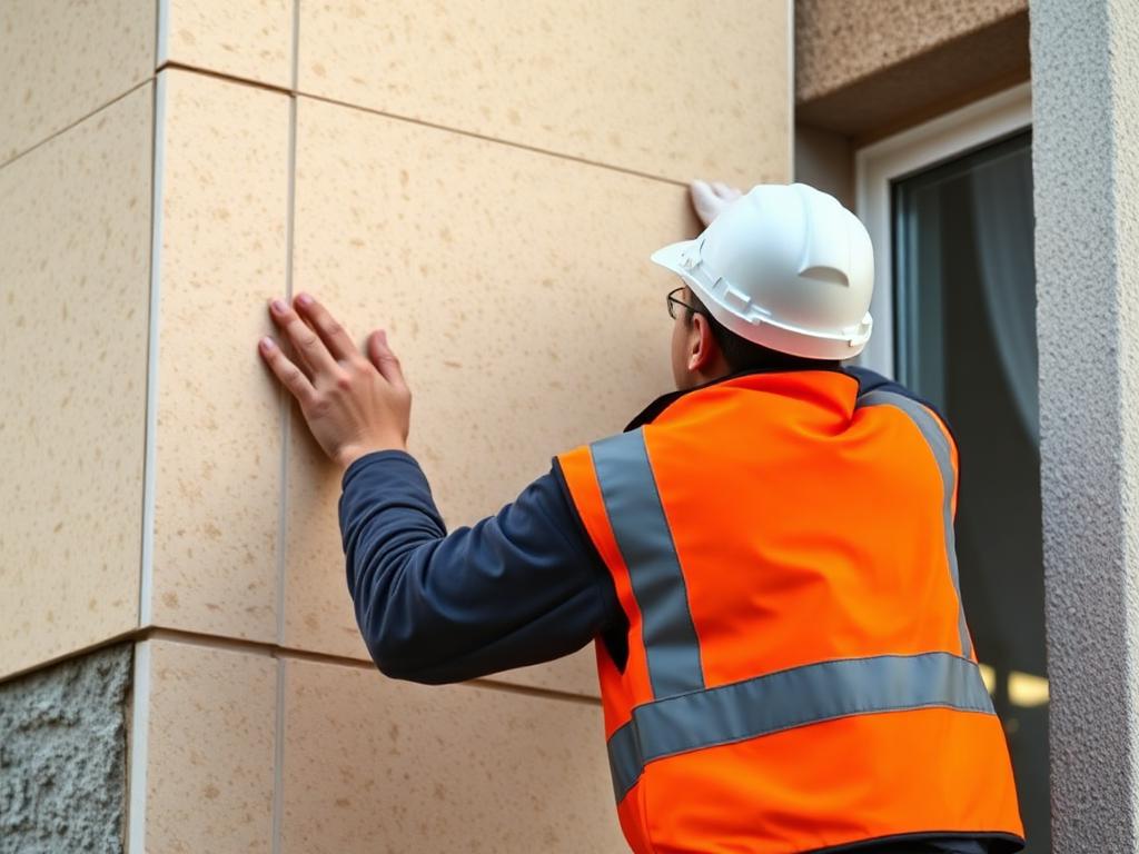 Ouvrier pose une isolation thermique extérieure (ITE) sur une maison