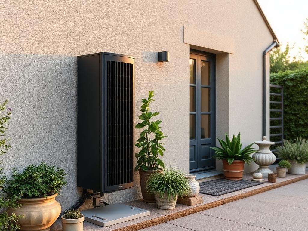 Pompe à chaleur air-eau installée extérieurement contre la façade d'une maison